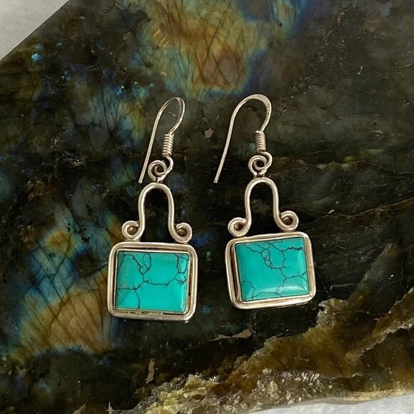 Sterling Silver 925 1.64" Rectangular Bezel Set Faux Turquoise Dangle Earrings - Picture 12 of 16